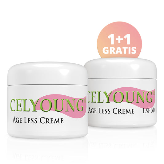 Ein Tiegel Celyoung Age Less Creme und ein zweiter Tiegel als kostenloses Sonderangebot Age Less Creme LSF 50.