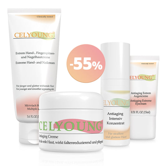 Die vier Produkte des Celyoung Antiaging Care Set 1 - Handcreme, Intensivkonzentrat, Augencreme und Anti-Aging-Creme - werden zusammen mit einem pfirsichfarbenen, runden Etikett mit der Aufschrift "55% Rabatt" präsentiert.