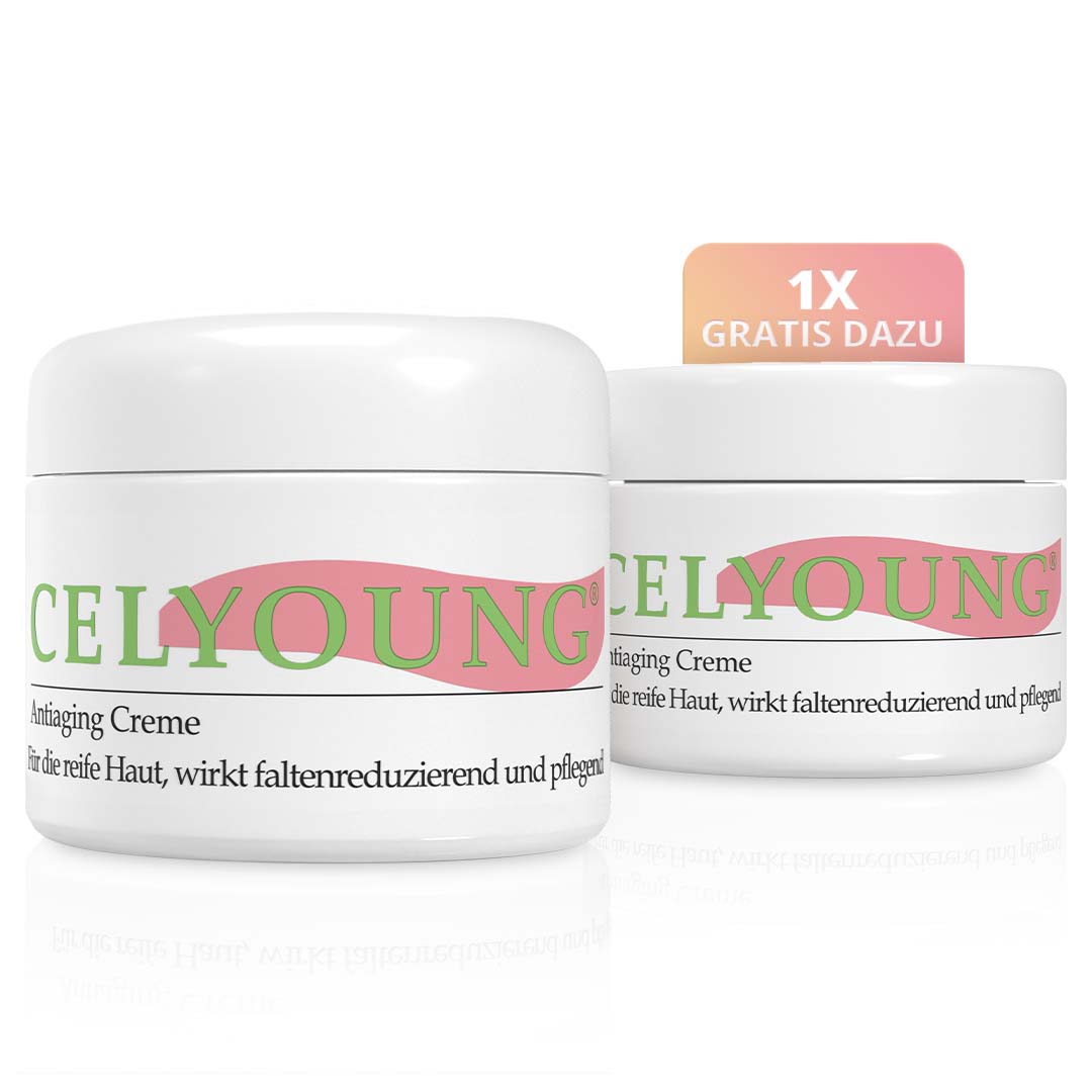 Zwei Tiegel Celyoung Anti-Aging-Creme mit dem Hinweis „1X GRATIS DAZU“ als Sonderangebot. Die Celyoung Antiaging Creme führt der Haut Feuchtigkeit zu und reduziert die Faltentiefe. Die Hautverträglichkeit ist sehr gut.