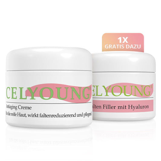 Zwei Celyoung Tiegel bestehend aus Celyoung Antiaging Creme und kostenlos im Set der Celyoung Falten Filler.