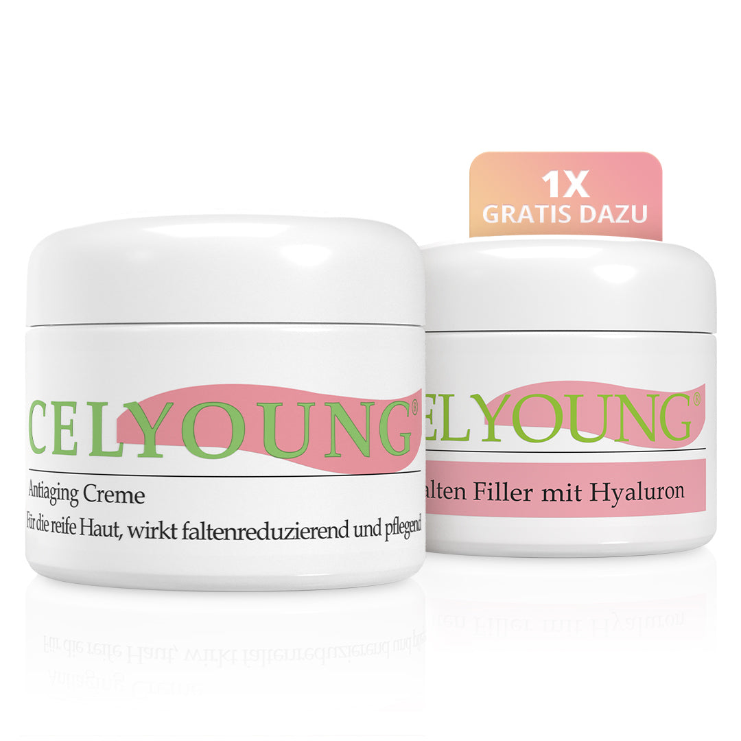 Zwei weiße Tiegel von Celyoung: Antiaging Creme (links) und GRATIS Falten Filler mit Hyaluron (rechts) für zusätzliche Feuchtigkeit, jeweils mit rosa und grünem Etikett. Über dem rechten Tiegel befindet sich ein "1X Gratis Dazu"-Aufkleber.