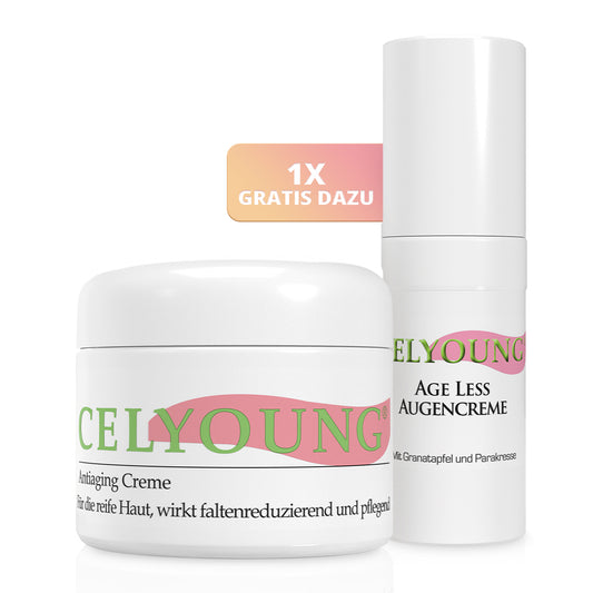 Ein Celyoung Set bestehend aus einem Tiegel mit Celyoung Anti-Aging Creme und einer kostenlosen Celyoung Age Less Augencreme Pumpflasche. Das Duo kann Falten besonders nachhaltig reduzieren und sorgt für eine straffere Haut.