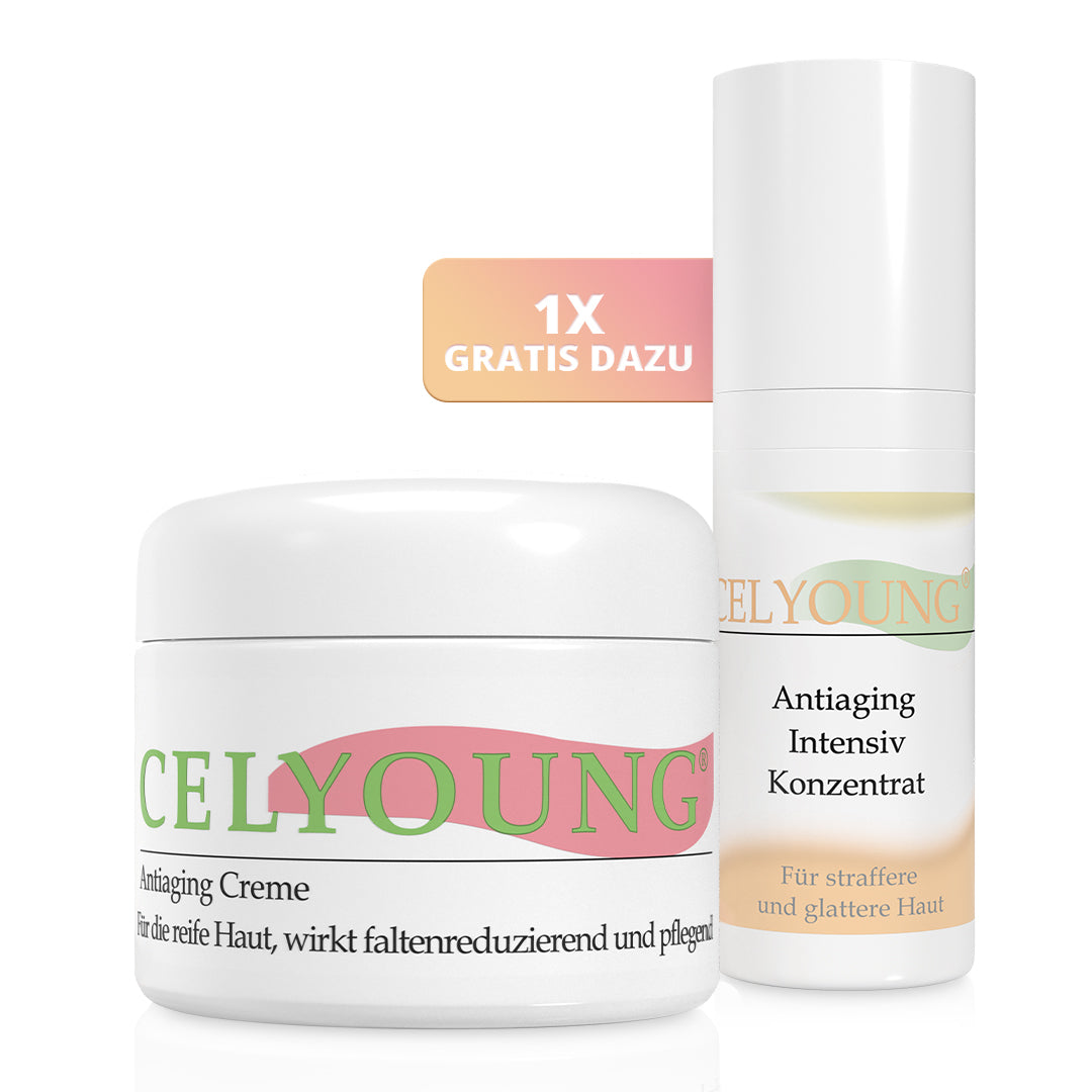 Ein Celyoung Set bestehend aus einer Celyoung Anti-Aging Creme im Tiegel und einer kostenlosen Anti-Aging Intensiv Intensiv Konzentrat in einer Pumpflasche. Das Duo kann Falten besonders nachhaltig reduzieren und sorgt für eine straffere Haut.