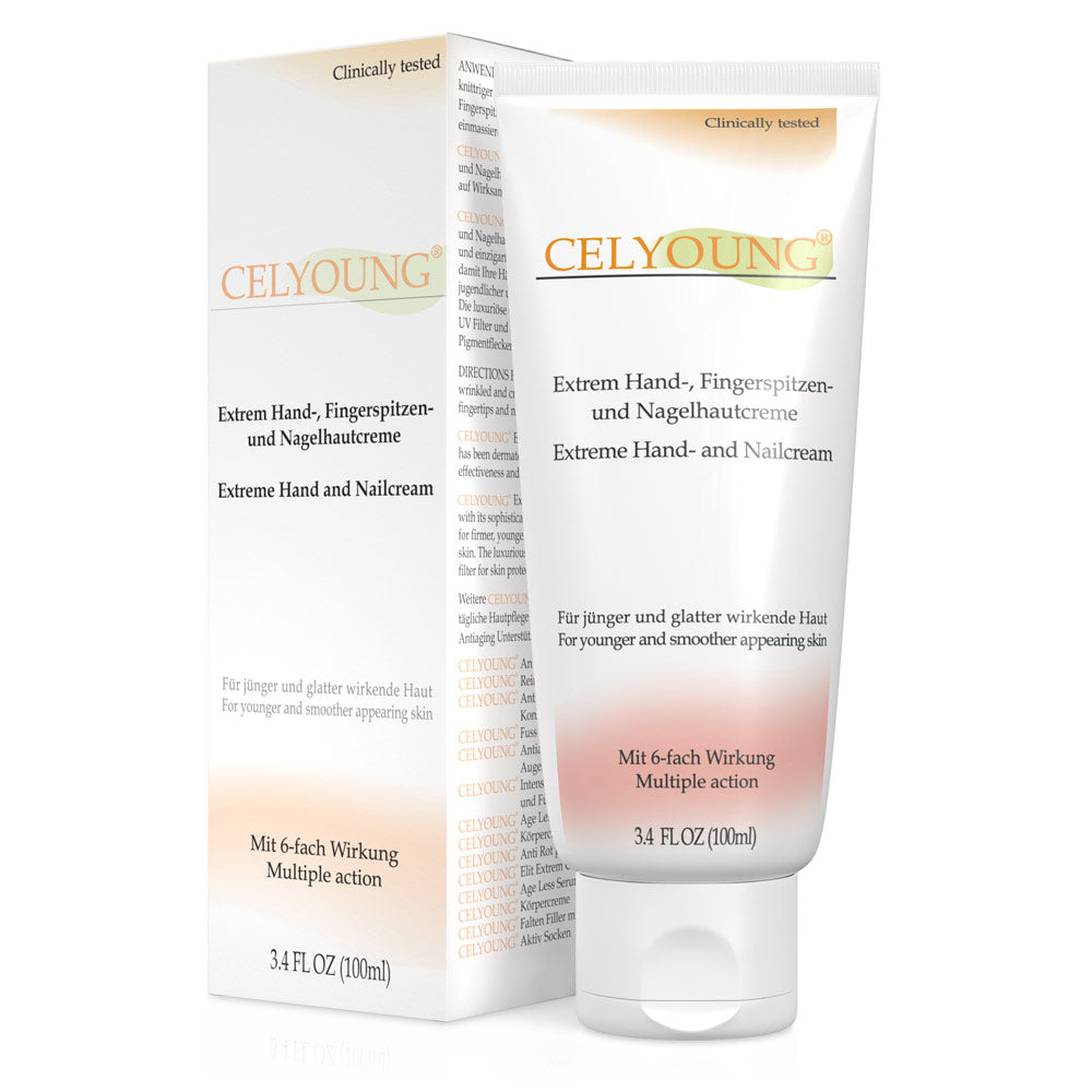 Eine 100-ml-Tube Celyoung Extrem Handcreme steht vor ihrer Verpackung. Diese Anti-Aging-Handpflege spendet Feuchtigkeit und glättet trockene, faltige Hände für eine jünger aussehende Haut.