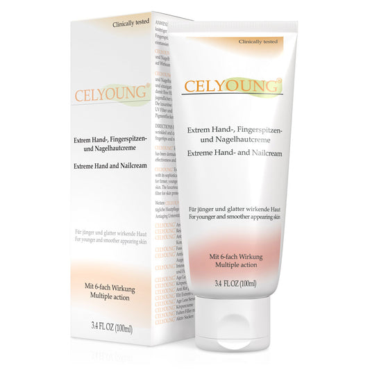 Eine 100-ml-Tube Celyoung Extrem Handcreme steht vor ihrer Verpackung. Diese Anti-Aging-Handpflege spendet Feuchtigkeit und glättet trockene, faltige Hände für eine jünger aussehende Haut.