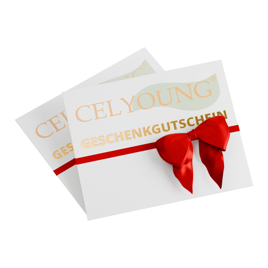 Zwei digitale Celyoung Geschenkgutscheine mit goldener und oranger Aufschrift „CELYOUNG GESCHENKGUTSCHEIN“, verziert mit rotem Band auf schwarzem Hintergrund. Die virtuellen Gutscheine werden per E-Mail versendet.