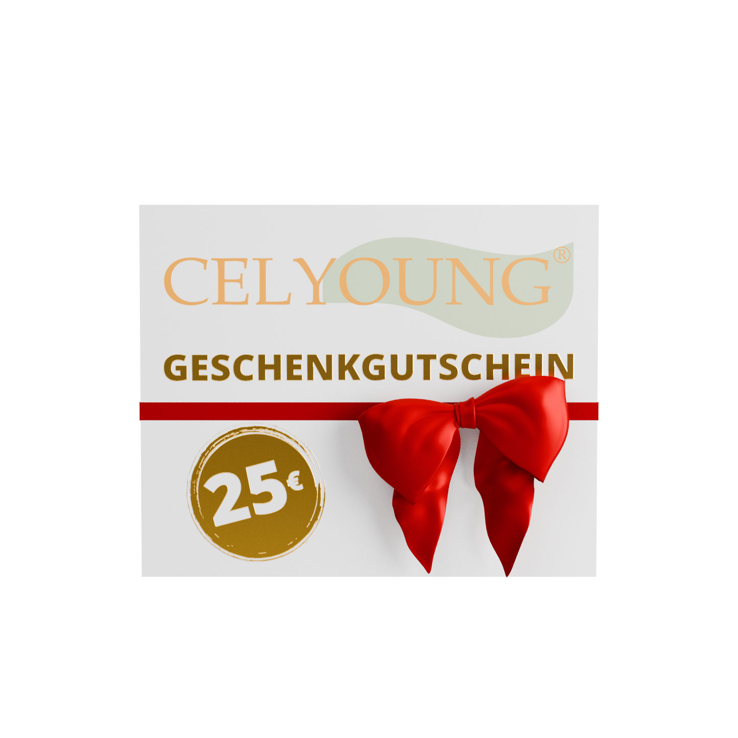 Ein Geschenkgutschein (digital) von Celyoung im Wert von 25€, mit gold-oranger Schrift, goldener Münze (25€), rotem Band und Schleife auf weißer Karte – digitale Gutscheine werden per E-Mail versendet.