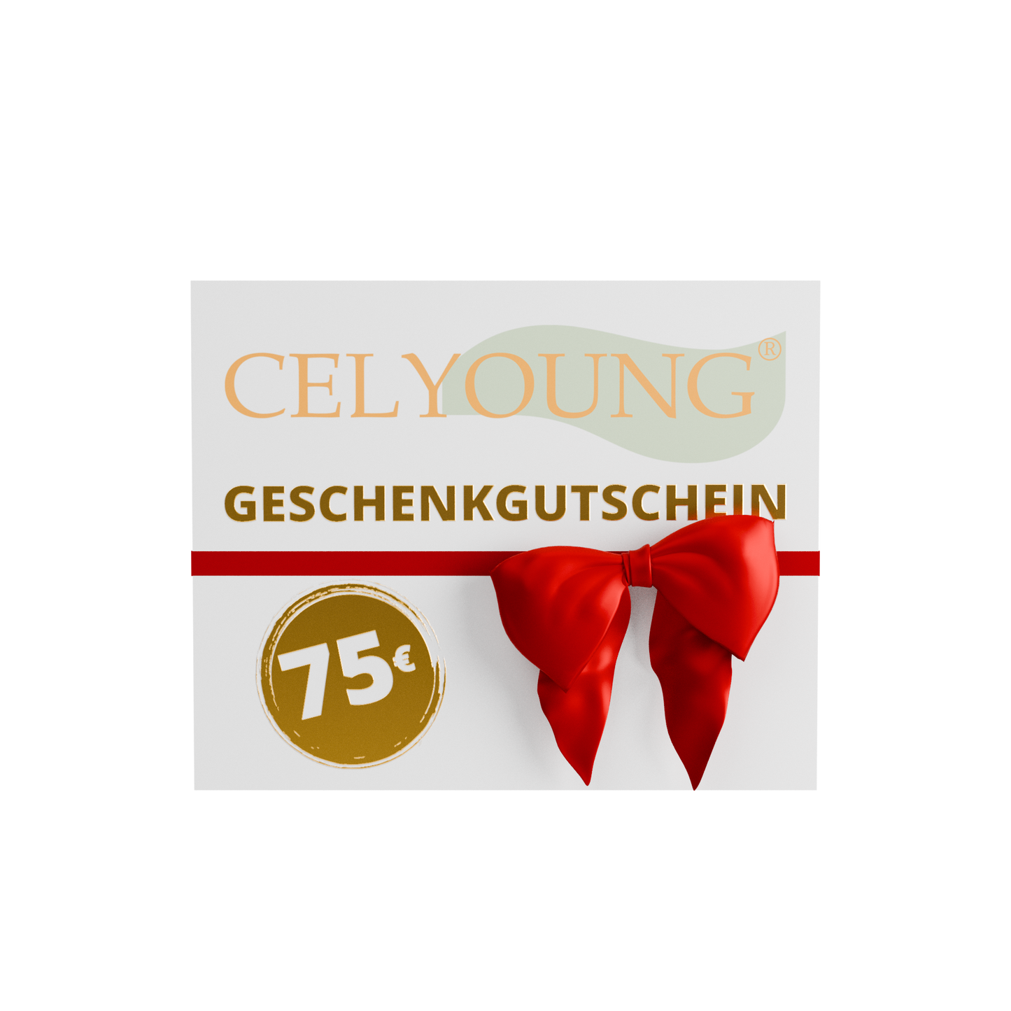 Ein digitaler Celyoung-Geschenkgutschein mit „GESCHENKGUTSCHEIN“ in Gold, einer auffälligen roten Schleife und einem goldenen 75-€-Kreis auf Weiß. Virtuelle Gutscheine werden per E-Mail versendet.