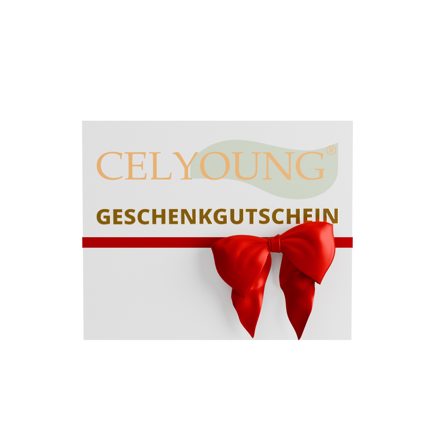Eine digitale Celyoung Geschenkgutscheinkarte mit CELLYOUNG in Gold, GESCHENKGUTSCHEIN in Orange, akzentuiert durch ein rotes horizontales Band und eine Schleife auf schwarzem Hintergrund. Virtueller Gutschein – Versand per E-Mail.