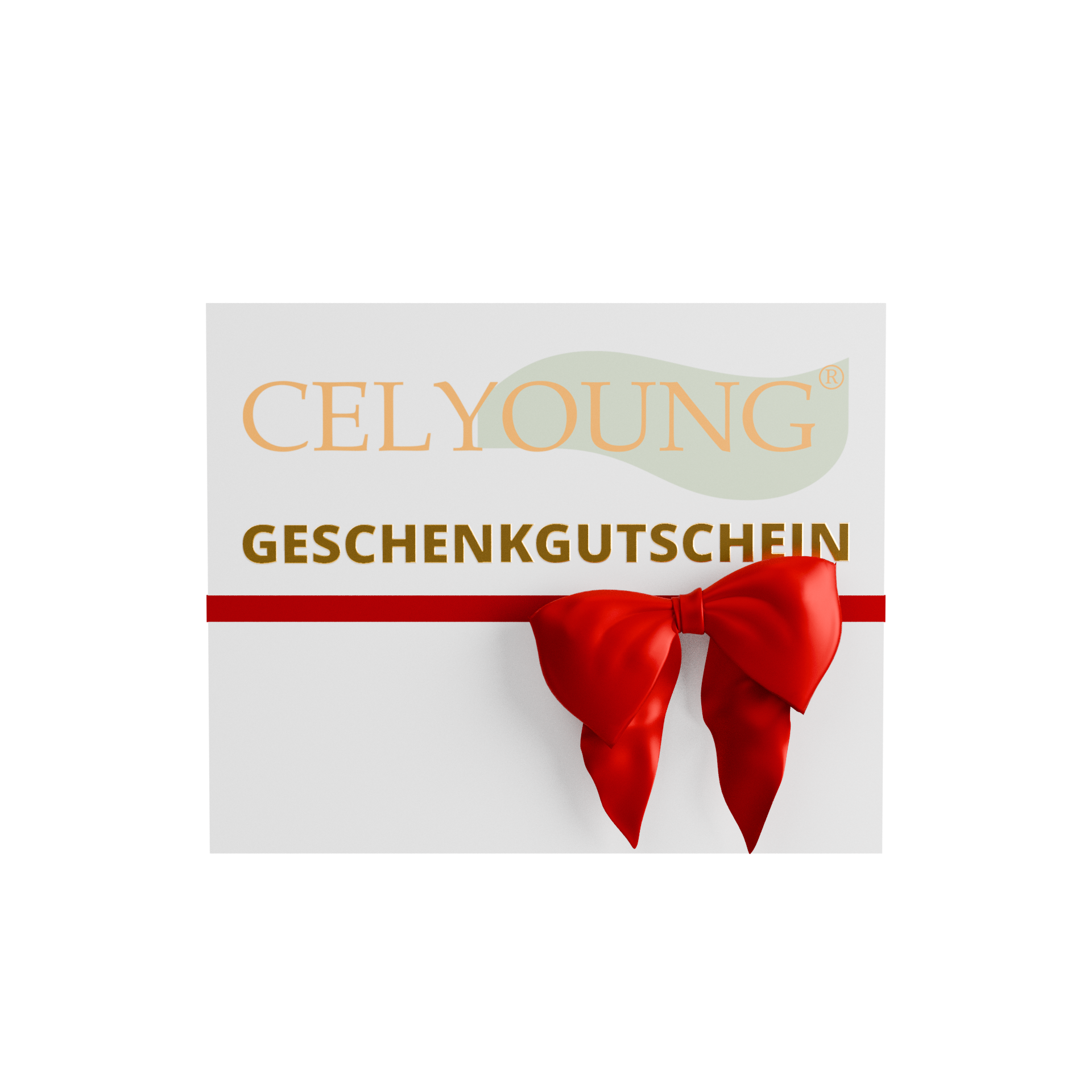 Eine digitale Celyoung Geschenkgutscheinkarte mit CELLYOUNG in Gold, GESCHENKGUTSCHEIN in Orange, akzentuiert durch ein rotes horizontales Band und eine Schleife auf schwarzem Hintergrund. Virtueller Gutschein – Versand per E-Mail.