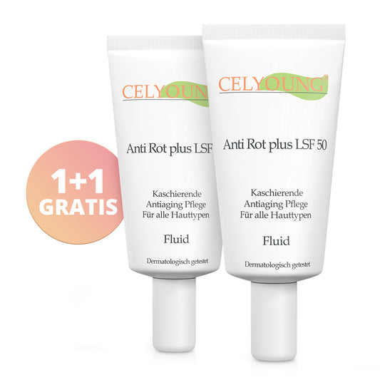 Zwei Celyoung Anti Rot plus LSF 50 Fluid im Set, eine Tube davon kostenlos im Sonderangebot.