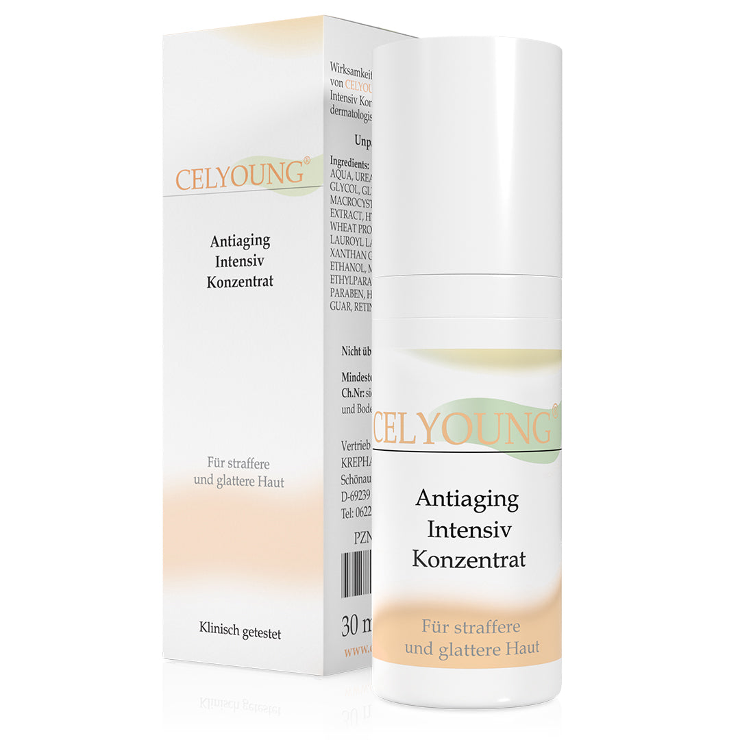Celyoung Antiaging Intensiv Konzentrat mit Blumenseegras Extrakt und Proteoklykane bietet geballte Power für traumhaft straffere Haut! Der praktische Pumpspender gewährleistet eine hygienische Aufbewahrung des hochwertigen Extrakts.