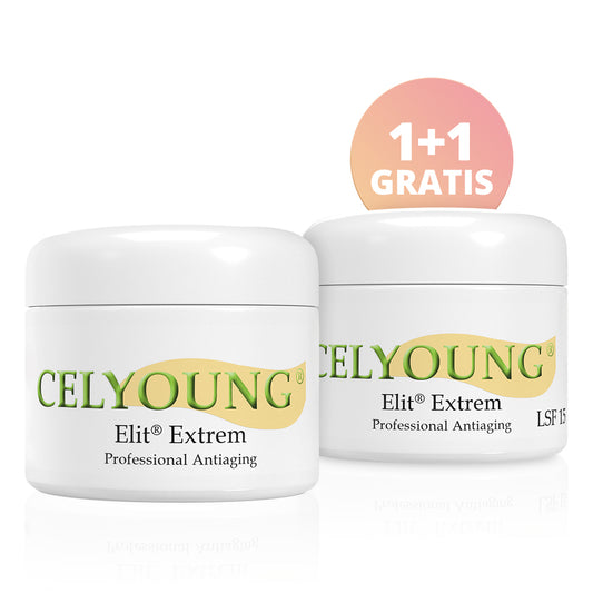 Zwei Tiegel mit der Elit Extrem Creme + GRATIS Elit LSF 15 von Celyoung werden ausgestellt, wobei ein Tiegel etwas weiter vorne mit Antiage-Peptiden für eine hochwertige Hautpflege präsentiert wird. Ein 1+1 Gratis-Etikett in einem kreisförmigen Farbverlauf oben rechts weist auf ein Sonderangebot hin.