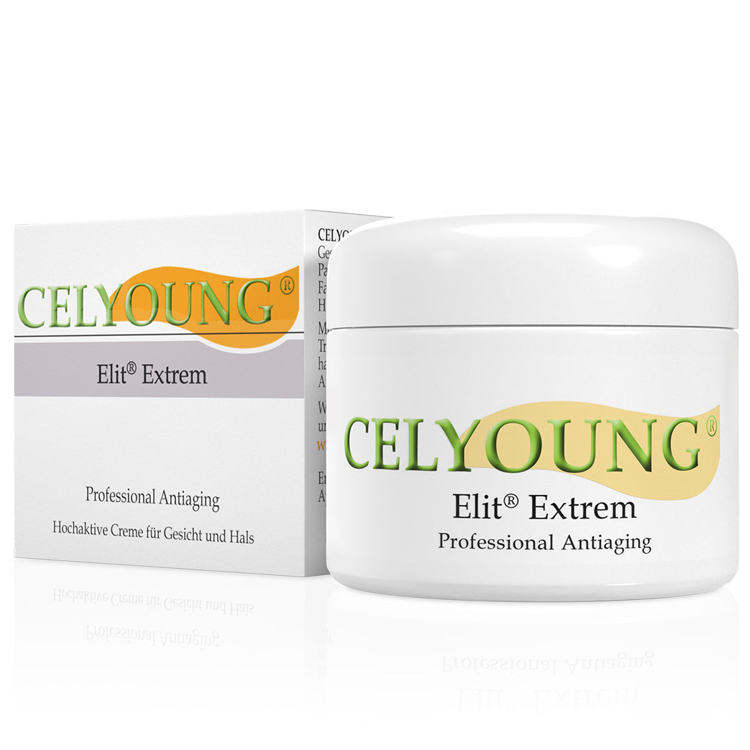 Ein weißer Tiegel der Celyoung Elit Extrem Creme steht neben der dazugehörigen Schachtel, beide mit dem Markennamen und den Produktdetails in deutscher und englischer Sprache, die die effektive Anti-Aging-Pflege betonen.