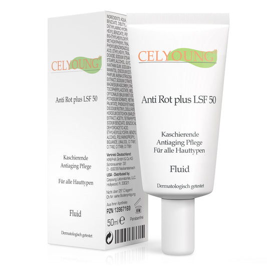 Eine Tube und Schachtel Celyoung Anti Rot plus LSF 50 Fluid, eine dermatologisch getestete Feuchtigkeitscreme mit LSF 50 für alle Hauttypen. Die Verpackung ist weiß mit grüner und oranger Schrift.