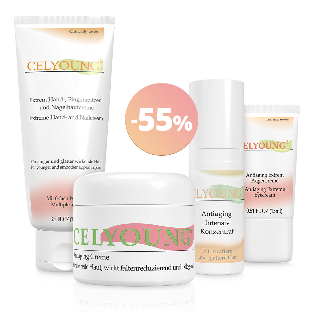 Die vier Produkte des Celyoung Antiaging Care Set 1 - Handcreme, Intensivkonzentrat, Augencreme und Anti-Aging-Creme - werden zusammen mit einem pfirsichfarbenen, runden Etikett mit der Aufschrift "55% Rabatt" präsentiert.