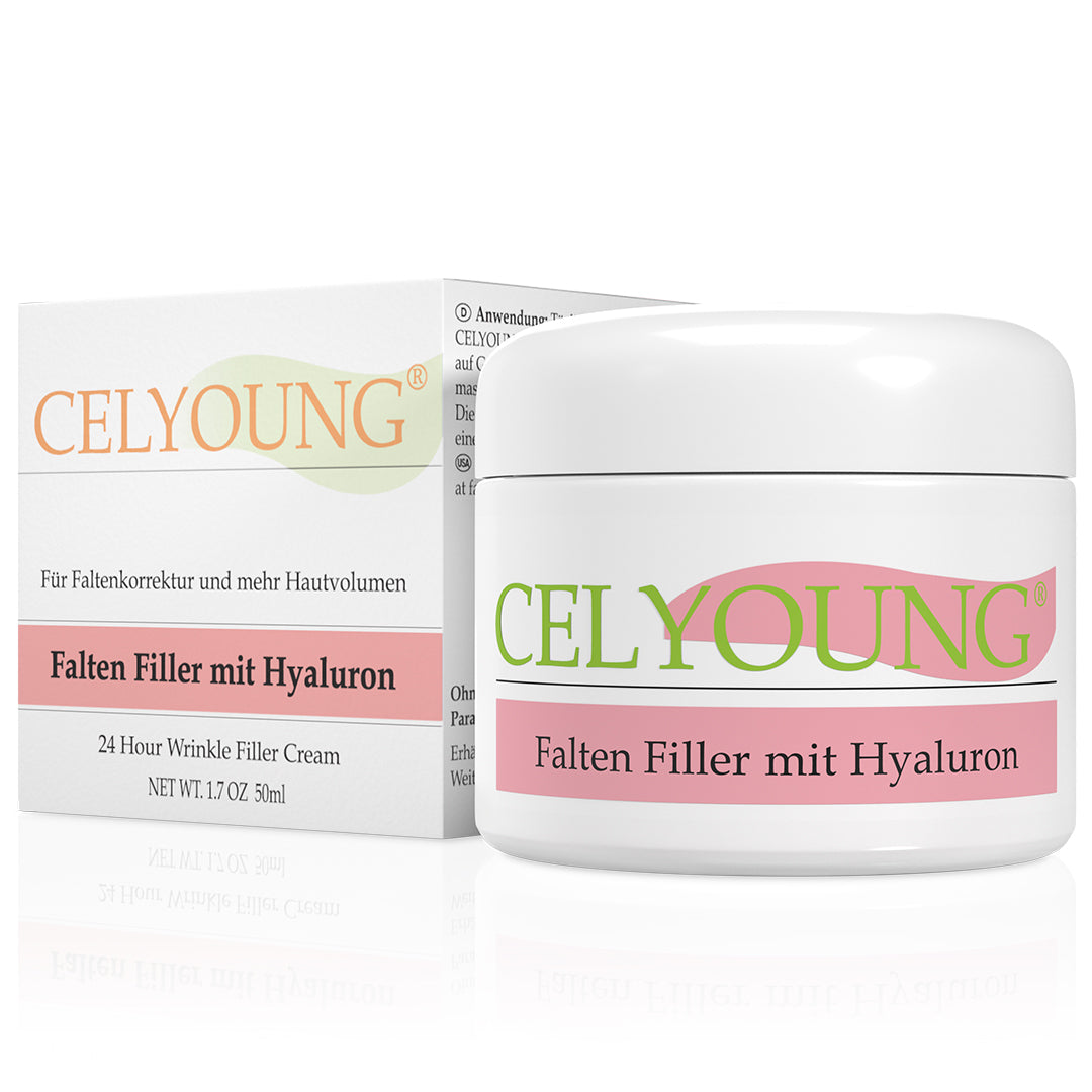 Celyoung Falten Filler mit Hyaluron im Tiegel mit Verpackung. Die Falten wirken wie von innen aufgepolstert, die Haut erhält reichlich Feuchtigkeit und wirkt straffer.