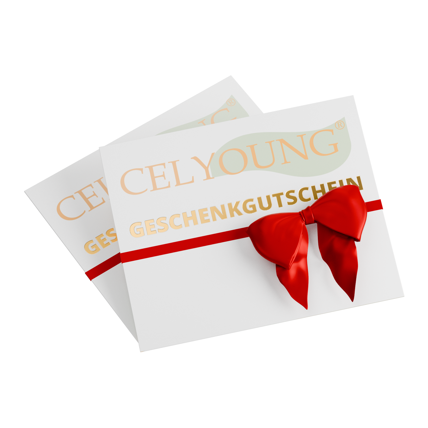 Zwei digitale Celyoung Geschenkgutscheine mit goldener und oranger Aufschrift „CELYOUNG GESCHENKGUTSCHEIN“, verziert mit rotem Band auf schwarzem Hintergrund. Die virtuellen Gutscheine werden per E-Mail versendet.