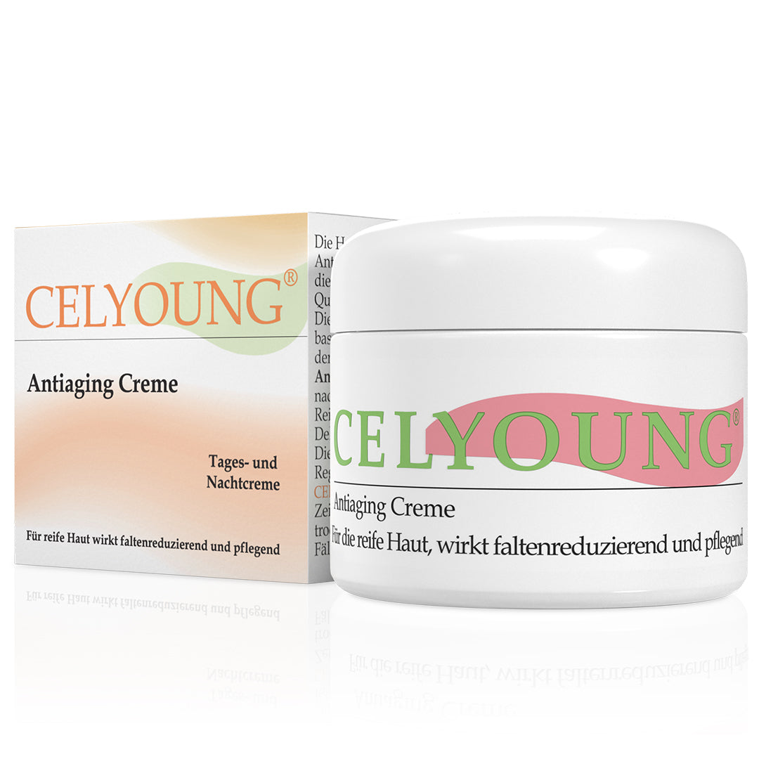Ein Tiegel Celyoung Anti-Aging-Creme mit Verpackung. Die Celyoung Antiaging Creme führt der Haut Feuchtigkeit zu und reduziert die Faltentiefe. Die Hautverträglichkeit ist sehr gut.