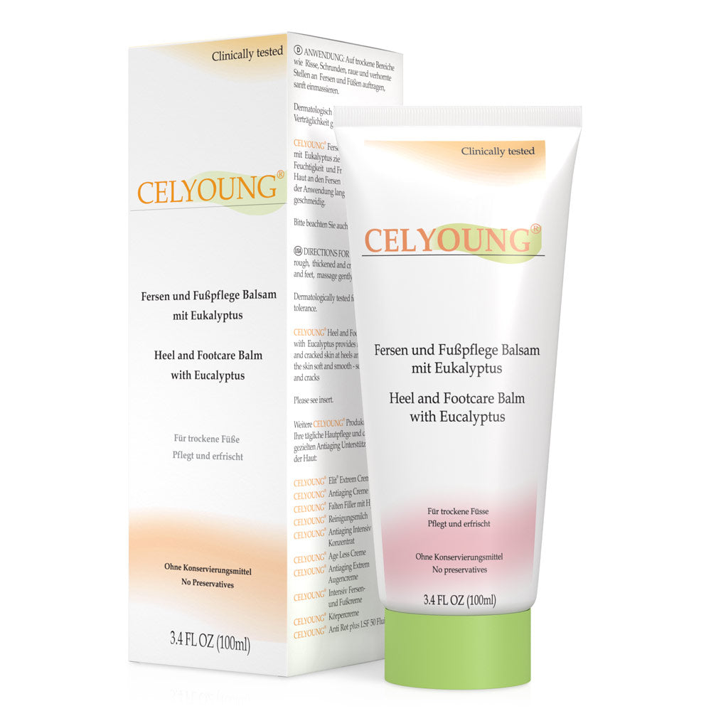 Celyoung Fersen- und Fußpflege-Balsam hilft selbst bei Extremfällen. Mit angenehm erfrischendem und kühlenden Eukalyptus Extrakt. Das Hornhautpflegeprodukt ist klinisch getestet und frei von Konservierungsstoffen.
