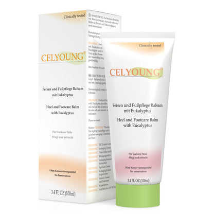 Celyoung Fersen- und Fußpflege-Balsam hilft selbst bei Extremfällen. Mit angenehm erfrischendem und kühlenden Eukalyptus Extrakt. Das Hornhautpflegeprodukt ist klinisch getestet und frei von Konservierungsstoffen.