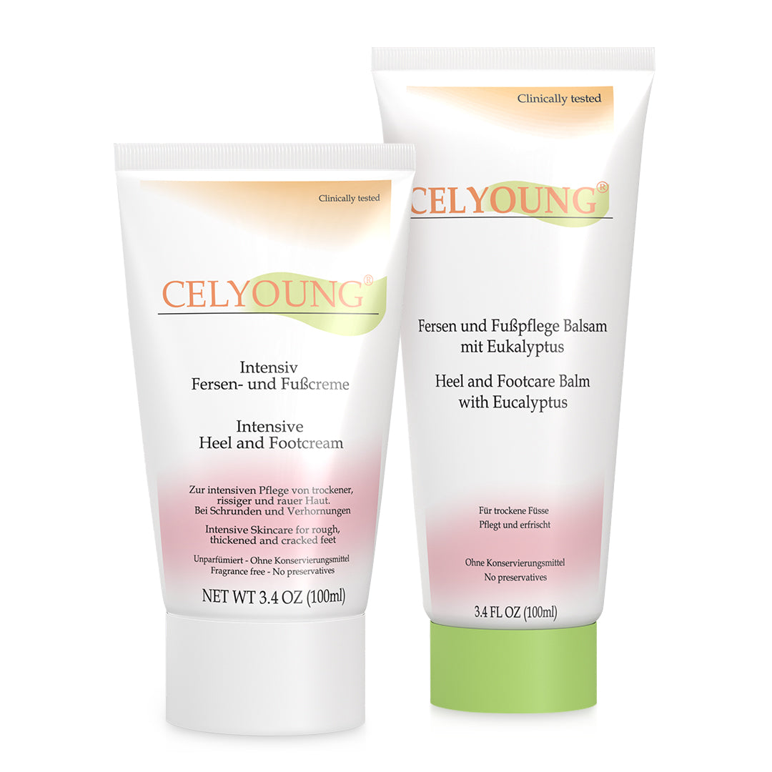 Celyoung Kombination aus Creme und Balsam sagt trockenen und rissigen Füßen den Kampf an. So sehen Ihre Füße schneller wieder super gesund und gepflegt aus.