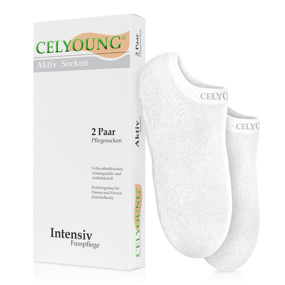 Celyoung Aktiv Socken sind atmungsaktiv und wirken antibakteriell. Gemeinsam mit der Celyoung Intensiv Fersen und Fusscreme bilden sie ein optimales Pflegesystem.